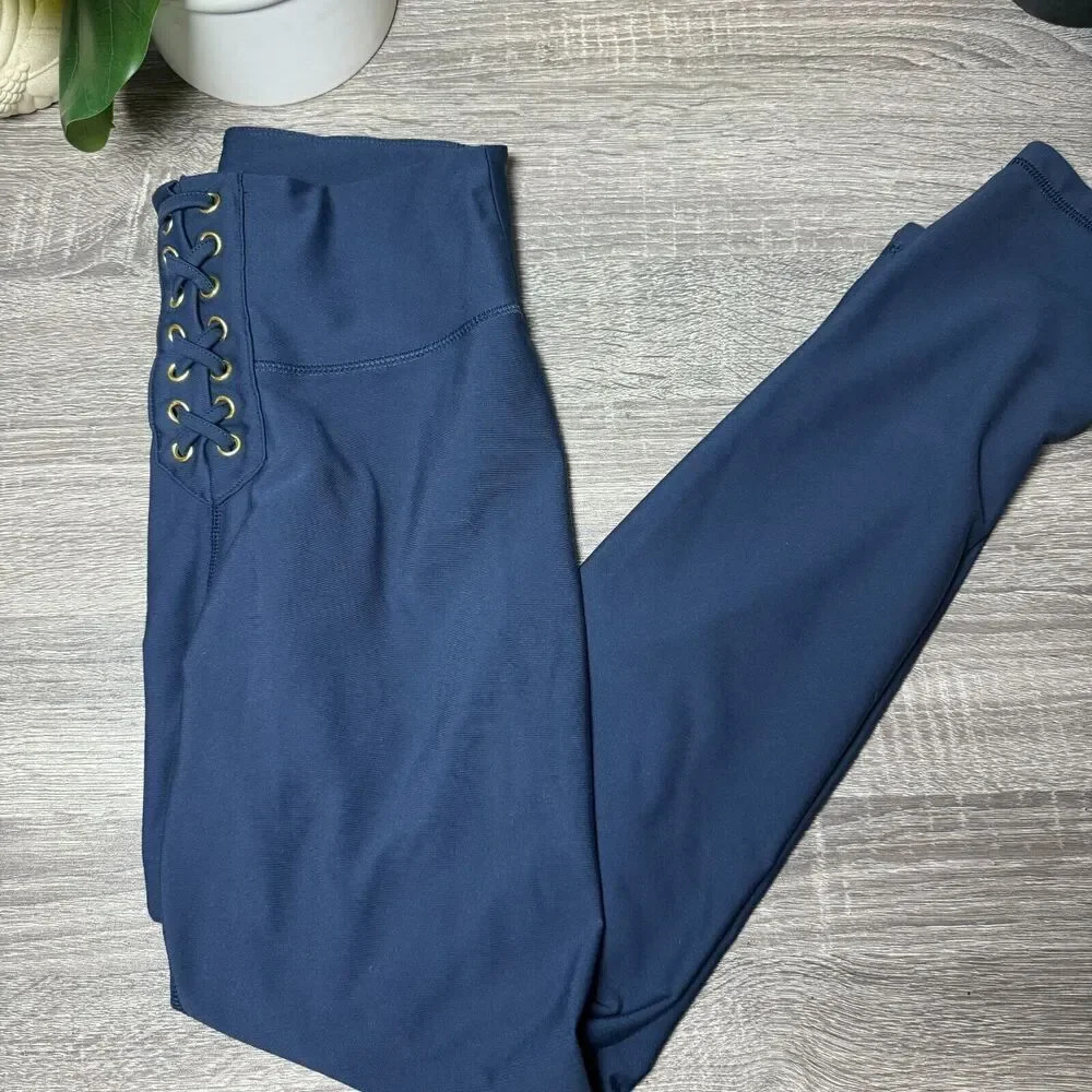 WEWOREWHAT Women's Lace Up Legggings High Waist Body Sculpt Waistband Size M